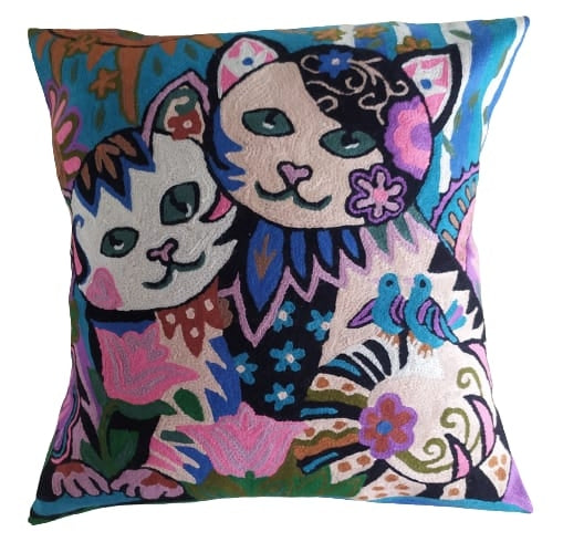 Adorable Hand Embroidered Cute Cat wool Pillow Cover, A Must-Have for Any Feline Enthusiast. 18 x 18 pillow