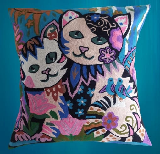 Adorable Hand Embroidered Cute Cat wool Pillow Cover, A Must-Have for Any Feline Enthusiast. 18 x 18 pillow