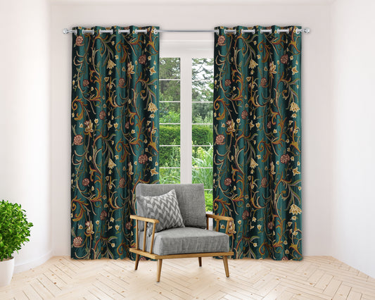 Luxurious Green Hand-Made FULLY-LINED Velvet-Wool Crewel Curtain
