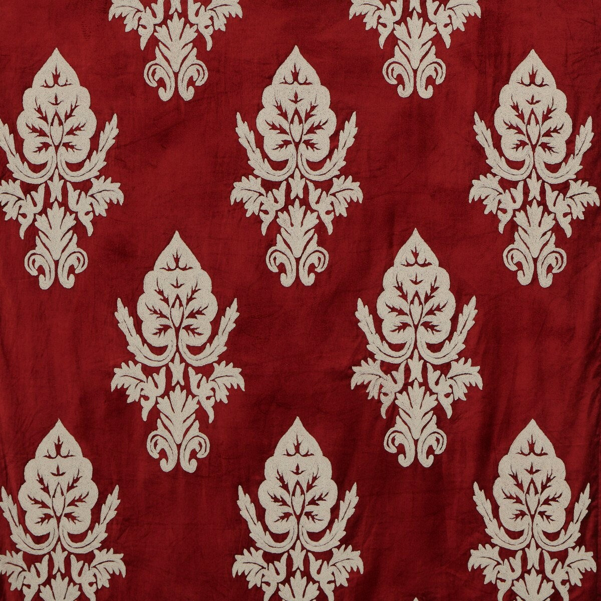 Luxurious Red Hand-Made FULLY-LINED Velvet-Wool Crewel Curtain