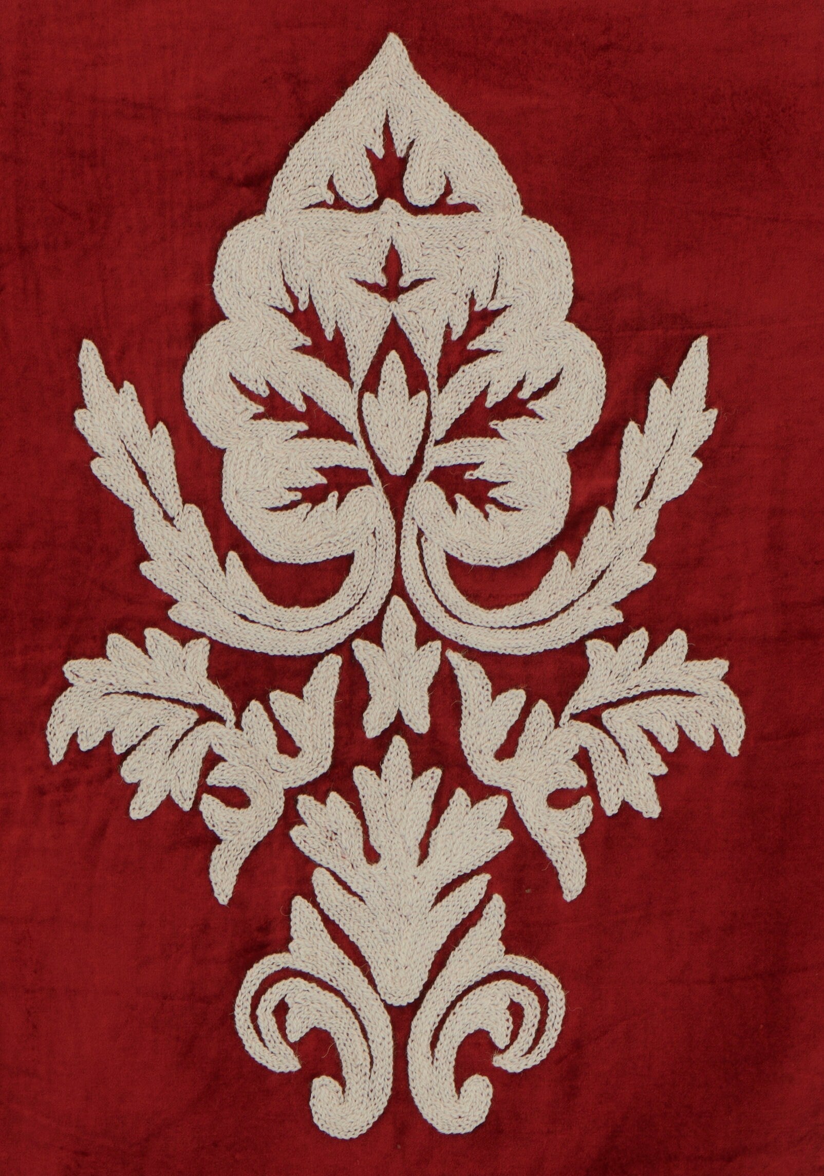 Luxurious Red Hand-Made FULLY-LINED Velvet-Wool Crewel Curtain