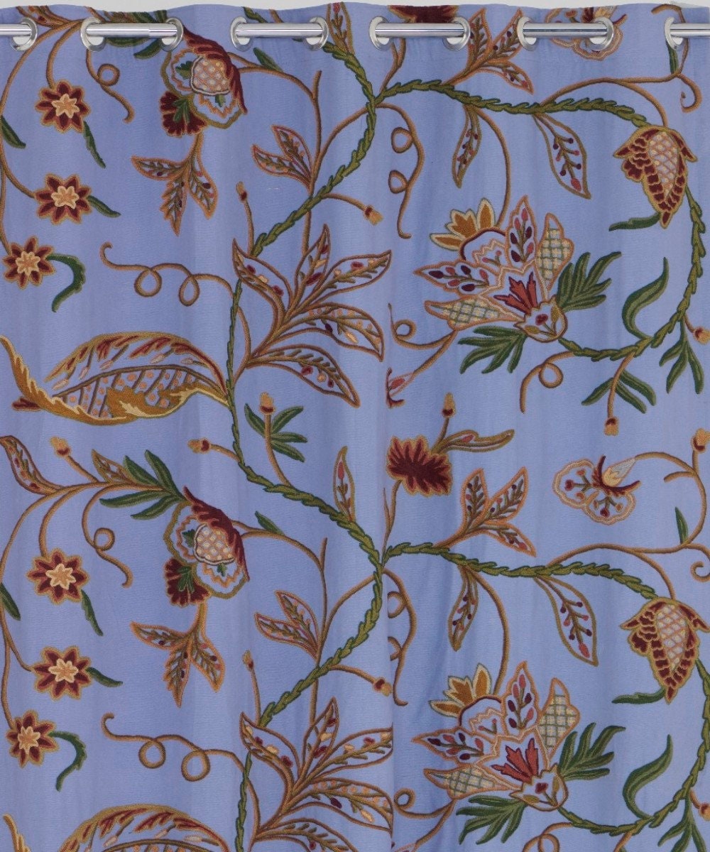 Elegant Lavish Blue Hand-Embroidery FULLY-LINED Crewel Curtain