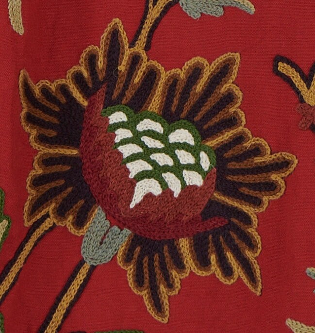 Premium Quality Lavish Red Hand-Made FULLY-LINED Cotton-Wool Crewel Curtain