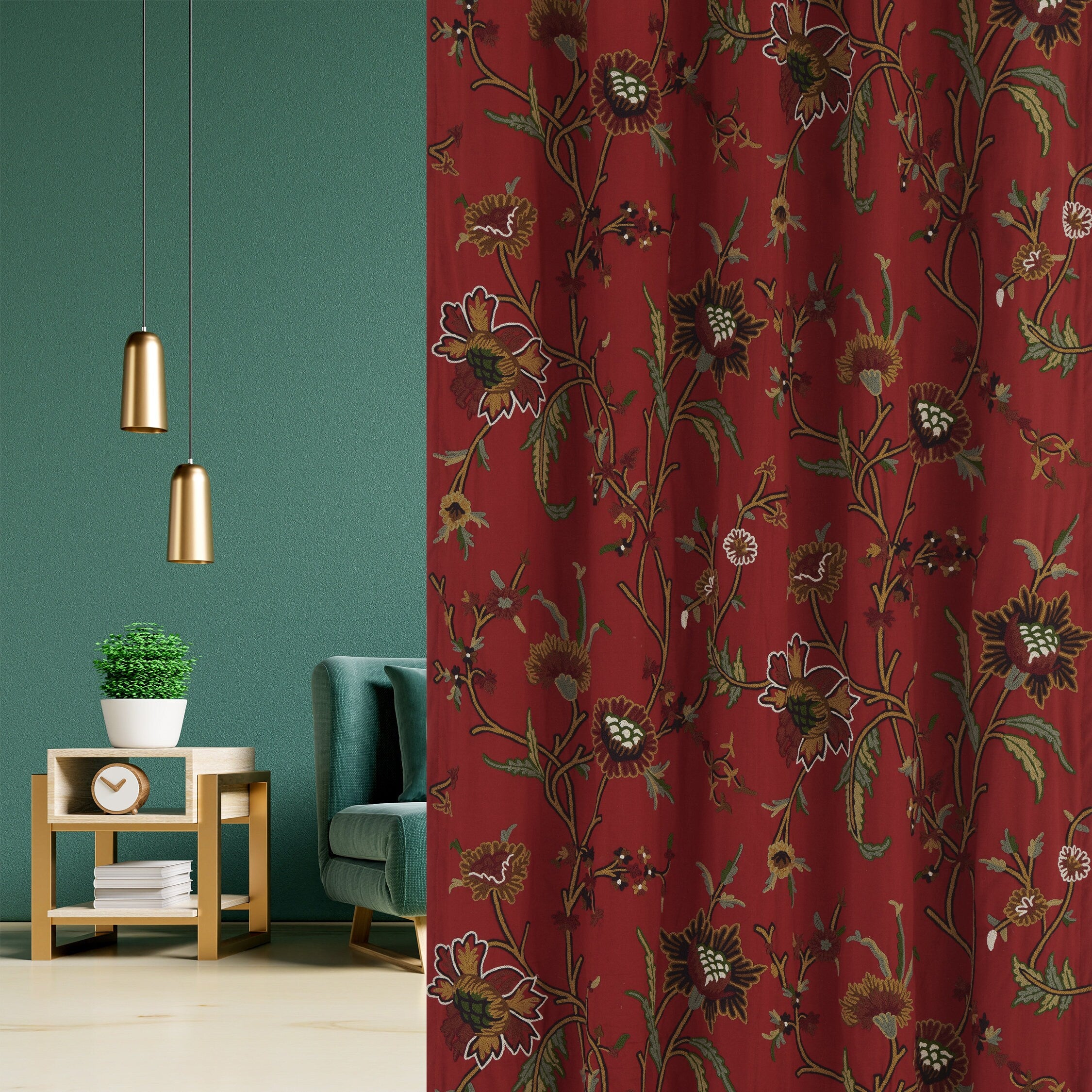 Premium Quality Lavish Red Hand-Made FULLY-LINED Cotton-Wool Crewel Curtain