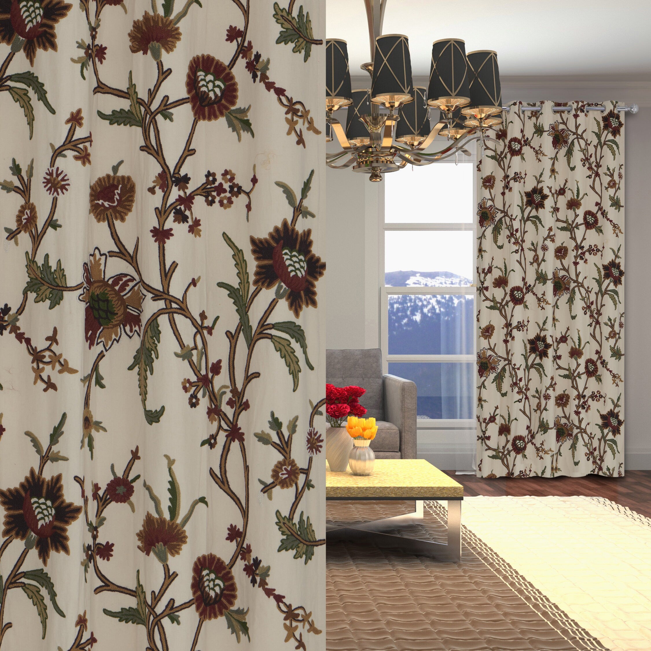 Premium Quality Elegant Cream Cotton Duck Hand-Embroidery FULLY-LINED Crewel Curtain