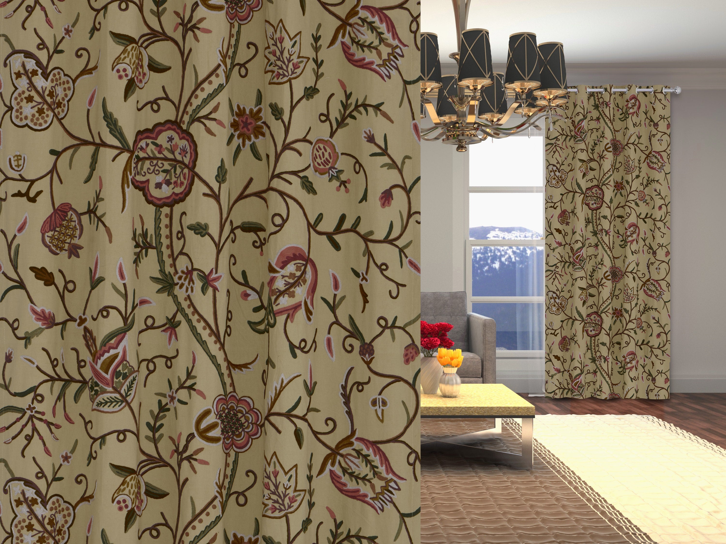 Luxurious Beige Cotton Duck Hand-Made FULLY-LINED Crewel Curtain