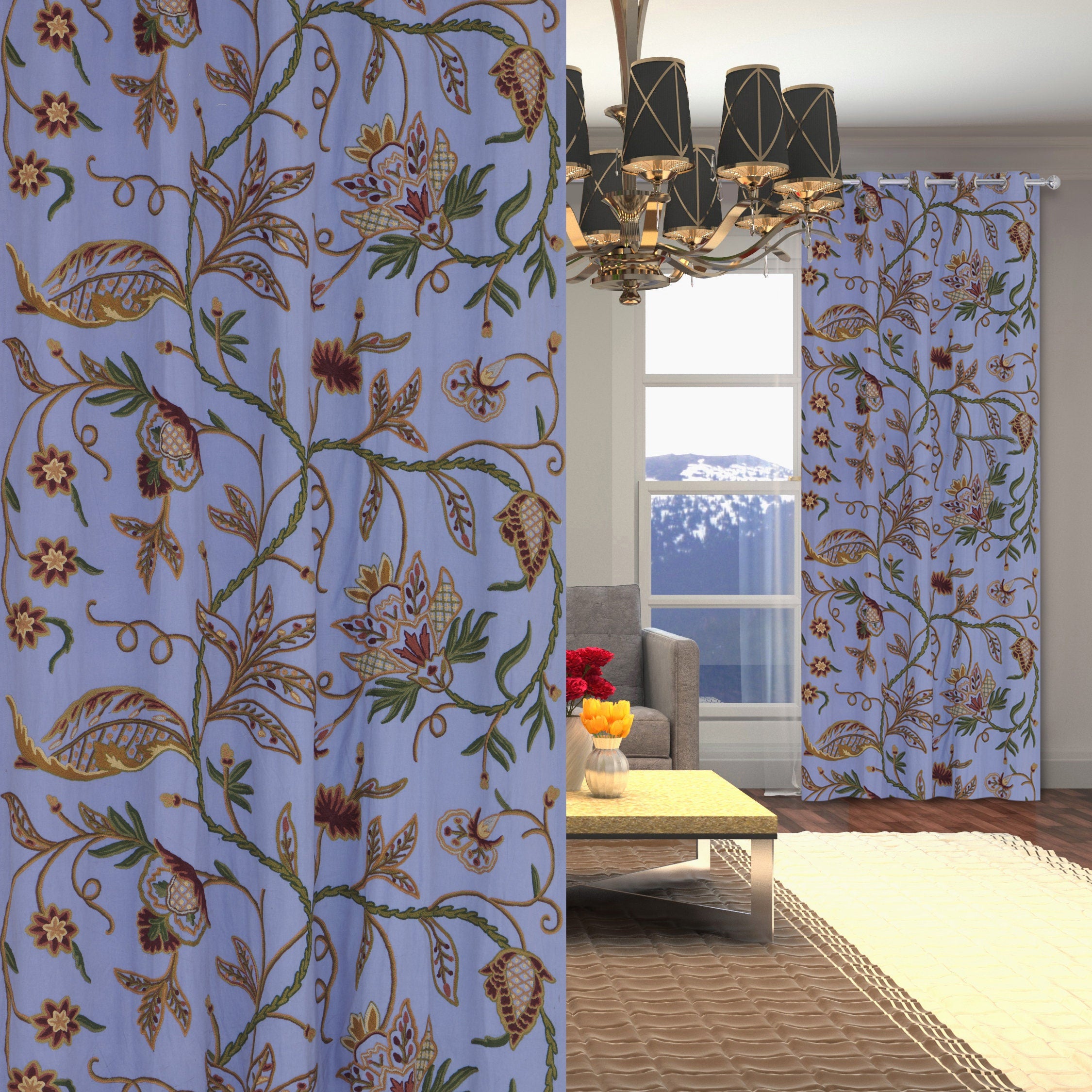 Elegant Lavish Blue Hand-Embroidery FULLY-LINED Crewel Curtain