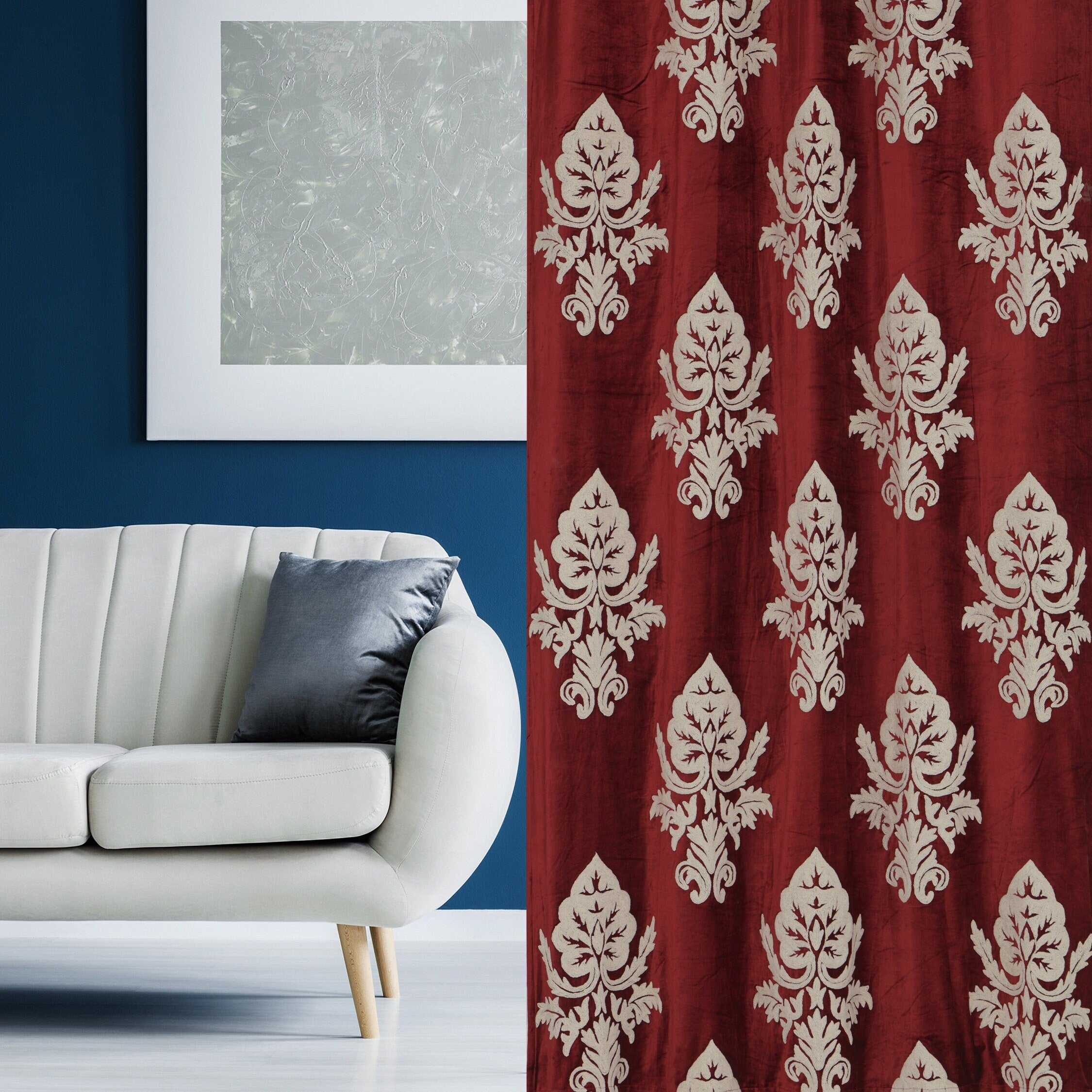 Luxurious Red Hand-Made FULLY-LINED Velvet-Wool Crewel Curtain