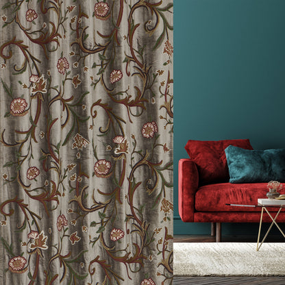 Beautiful Grey Velvet Hand-Embroidery FULLY-LINED Crewel Curtain
