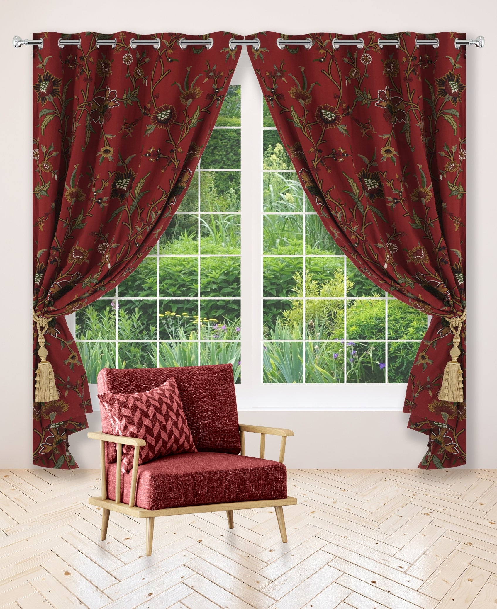 Premium Quality Lavish Red Hand-Made FULLY-LINED Cotton-Wool Crewel Curtain