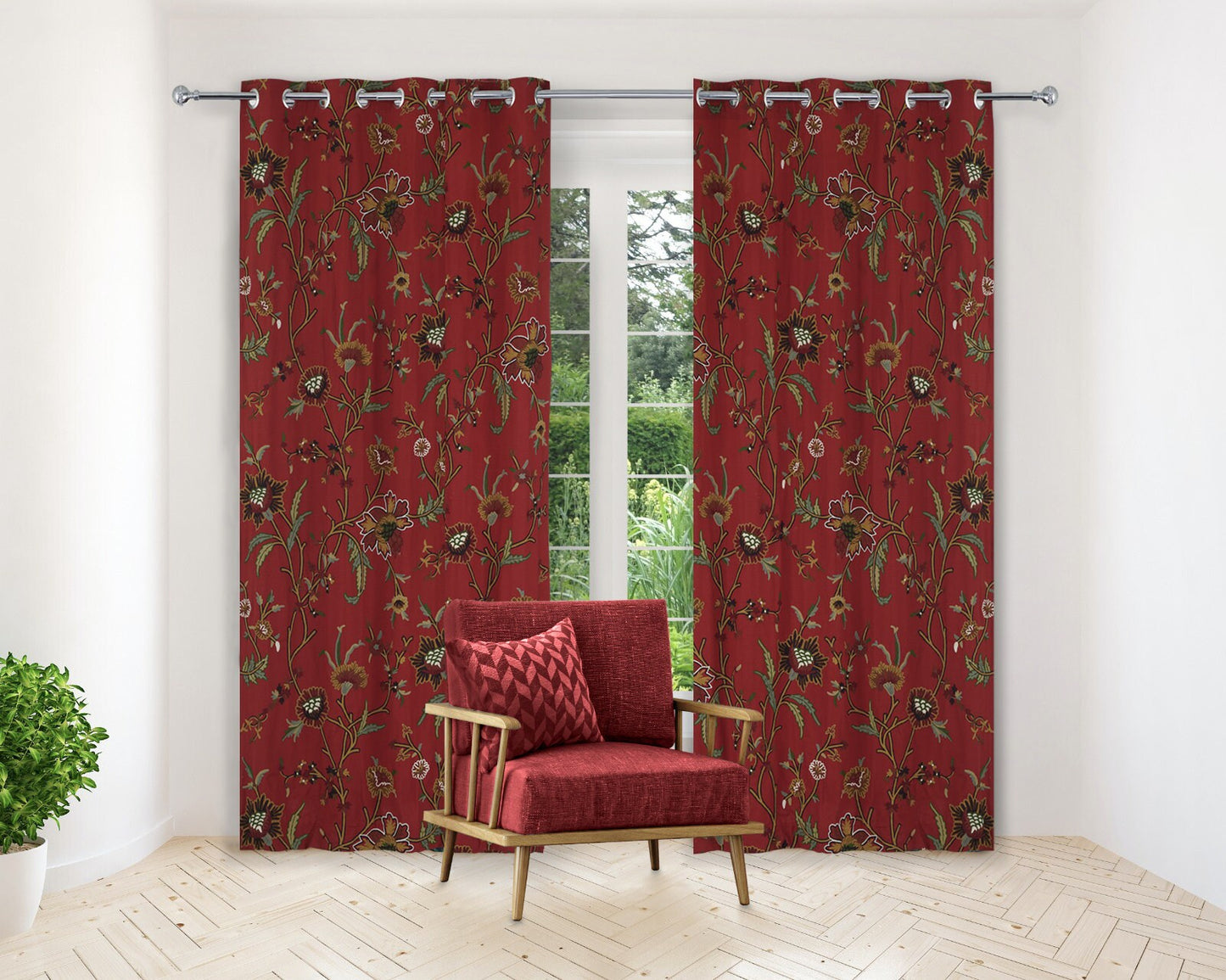 Premium Quality Lavish Red Hand-Made FULLY-LINED Cotton-Wool Crewel Curtain