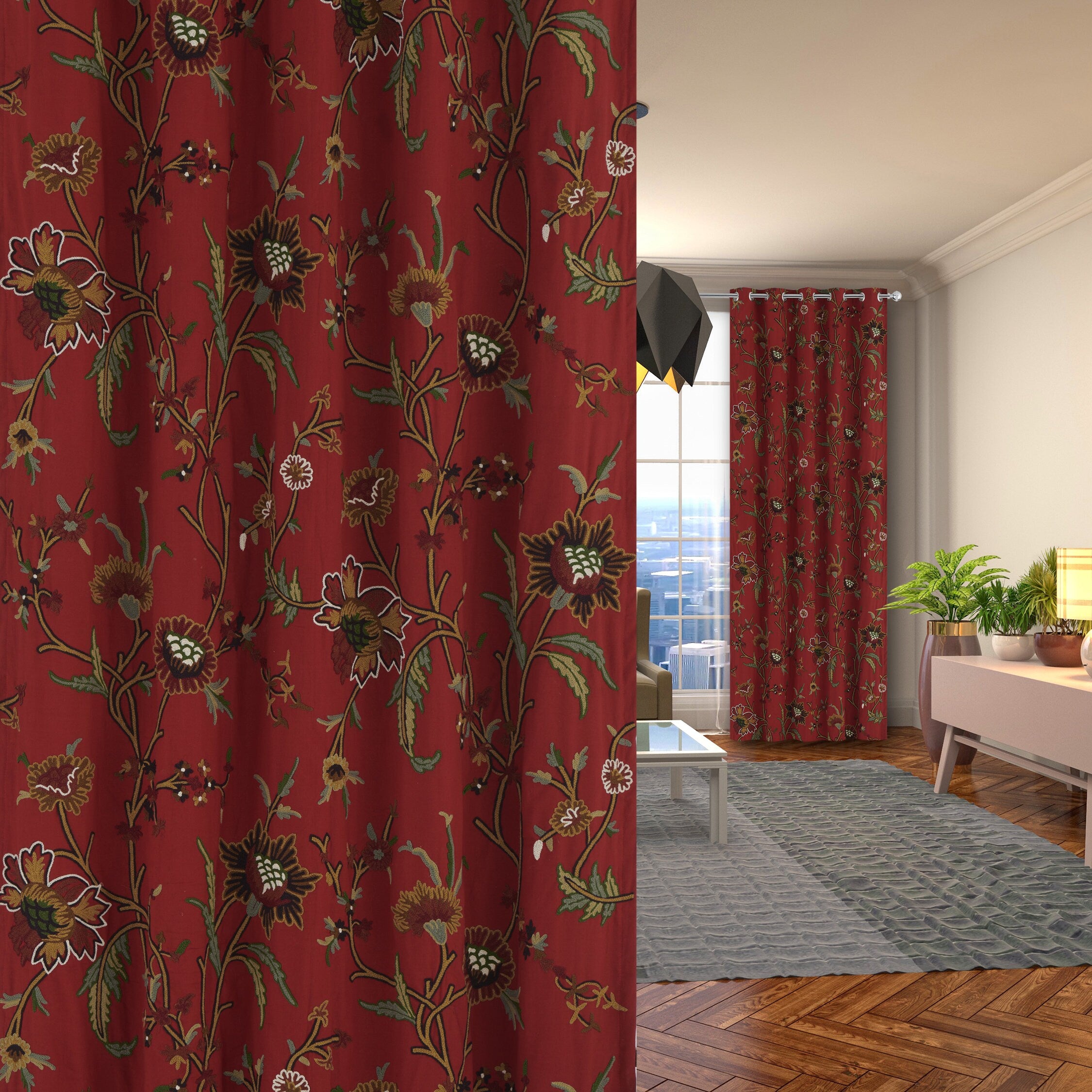 Premium Quality Lavish Red Hand-Made FULLY-LINED Cotton-Wool Crewel Curtain