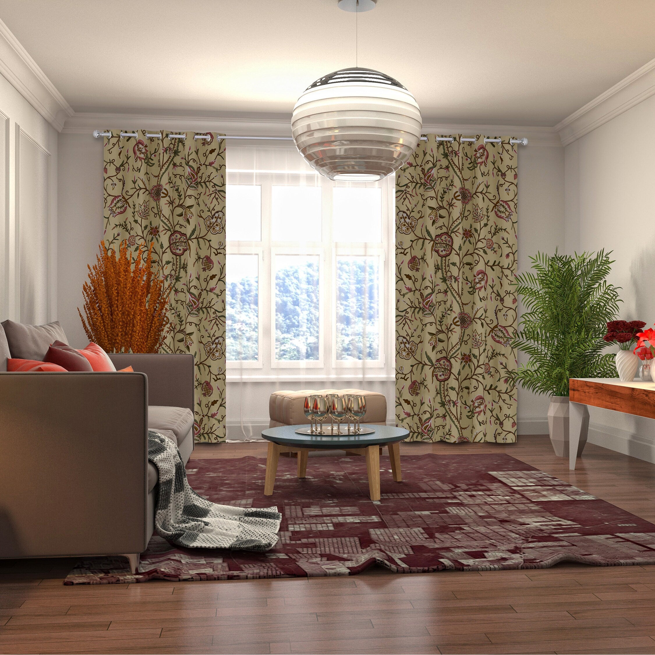 Luxurious Beige Cotton Duck Hand-Made FULLY-LINED Crewel Curtain