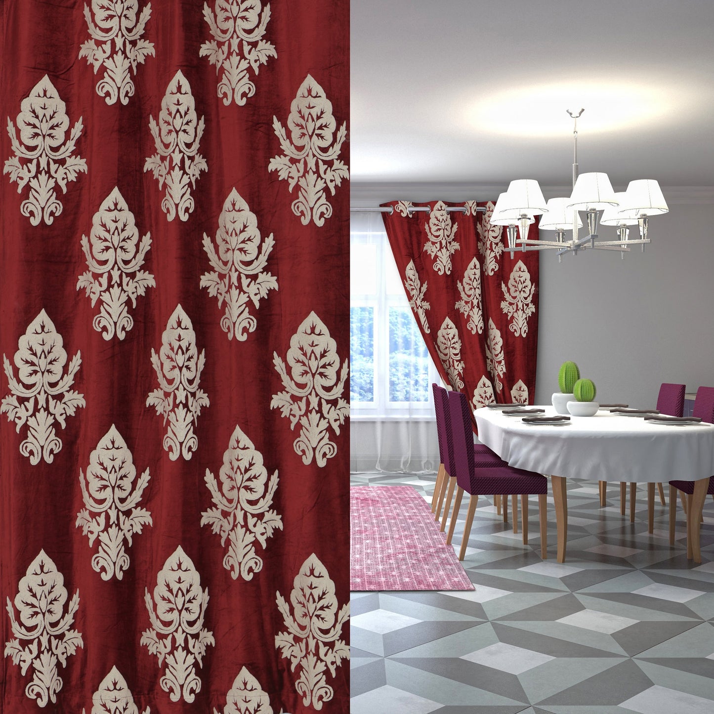 Luxurious Red Hand-Made FULLY-LINED Velvet-Wool Crewel Curtain