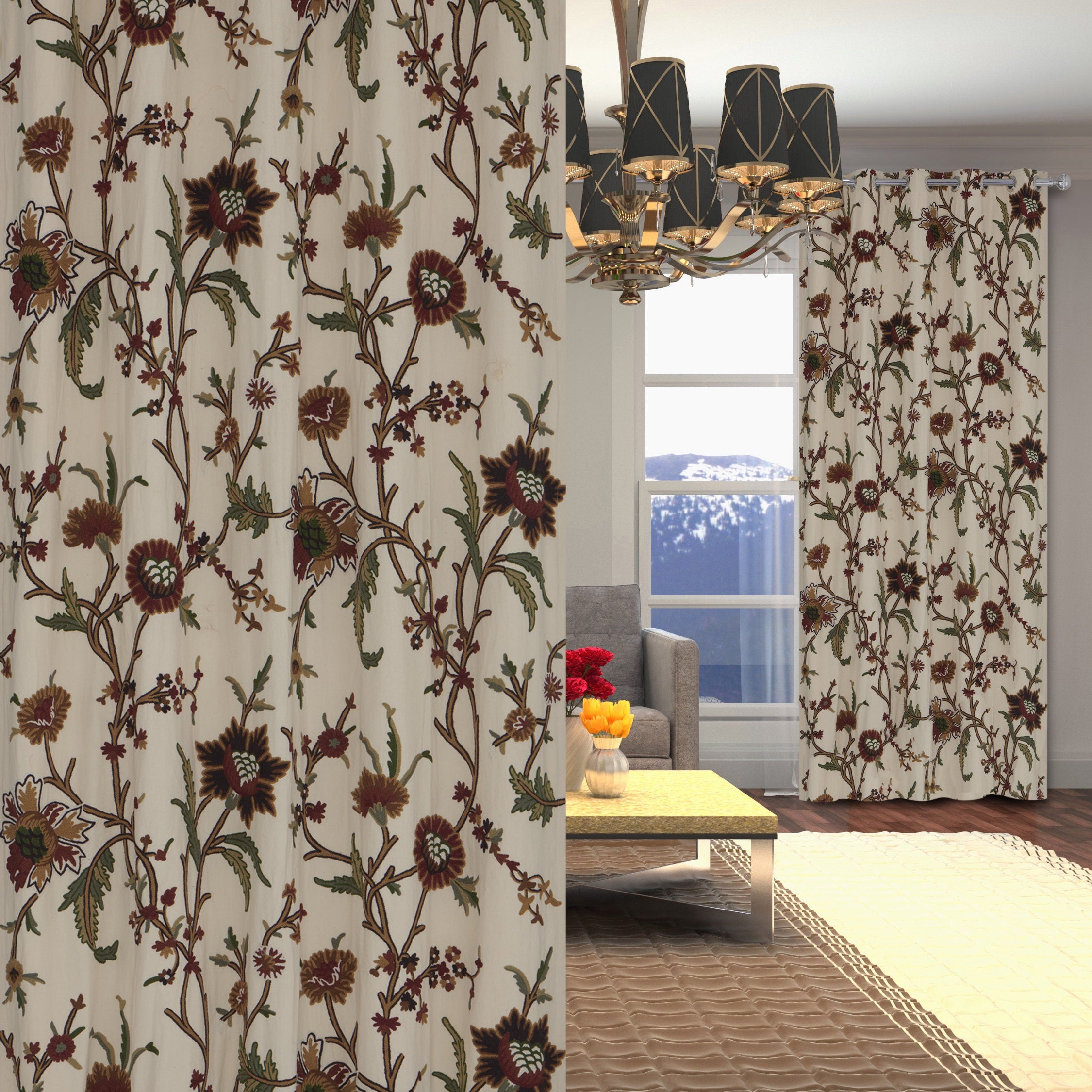Premium Quality Elegant Cream Cotton Duck Hand-Embroidery FULLY-LINED Crewel Curtain