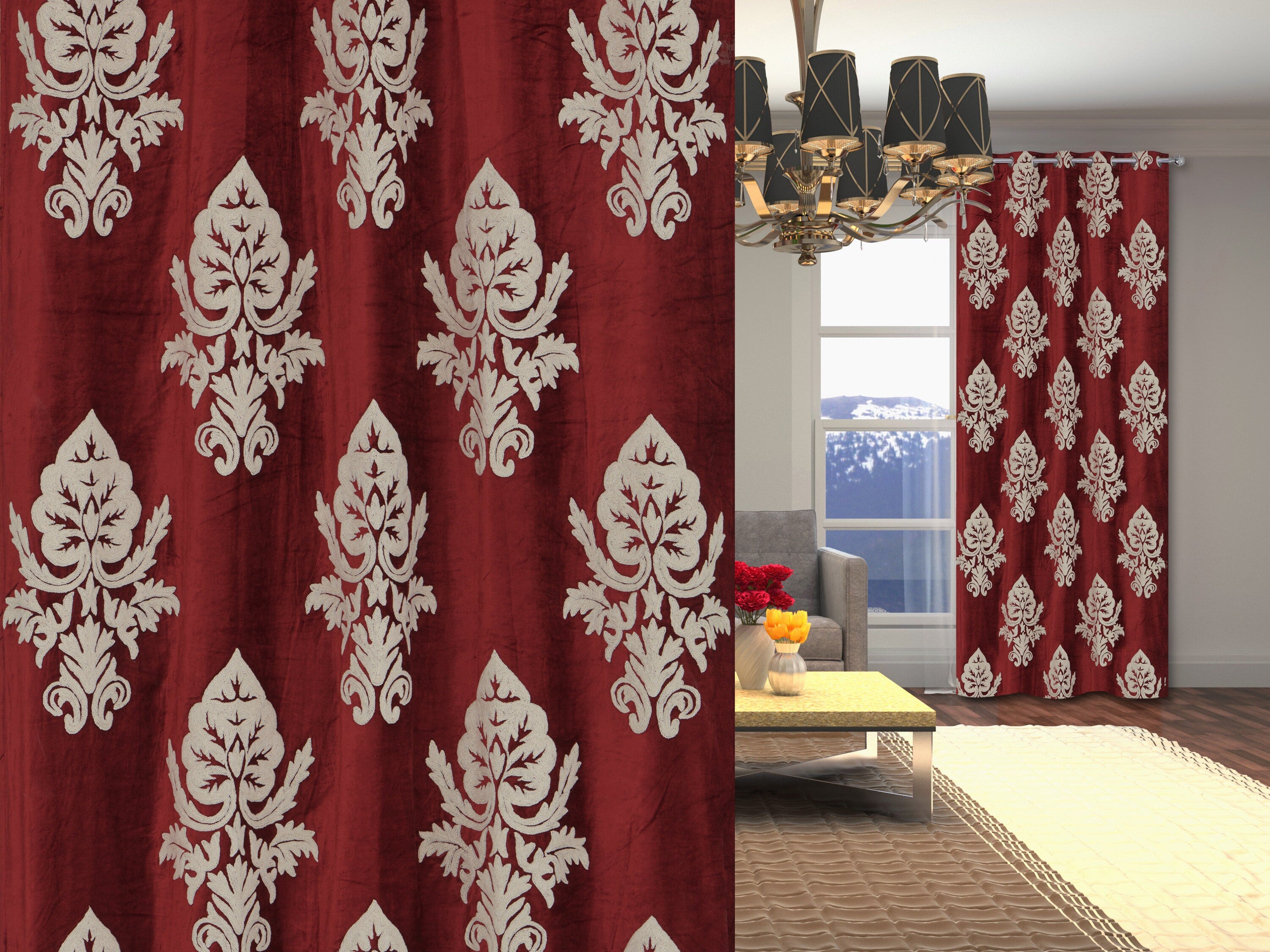 Luxurious Red Hand-Made FULLY-LINED Velvet-Wool Crewel Curtain