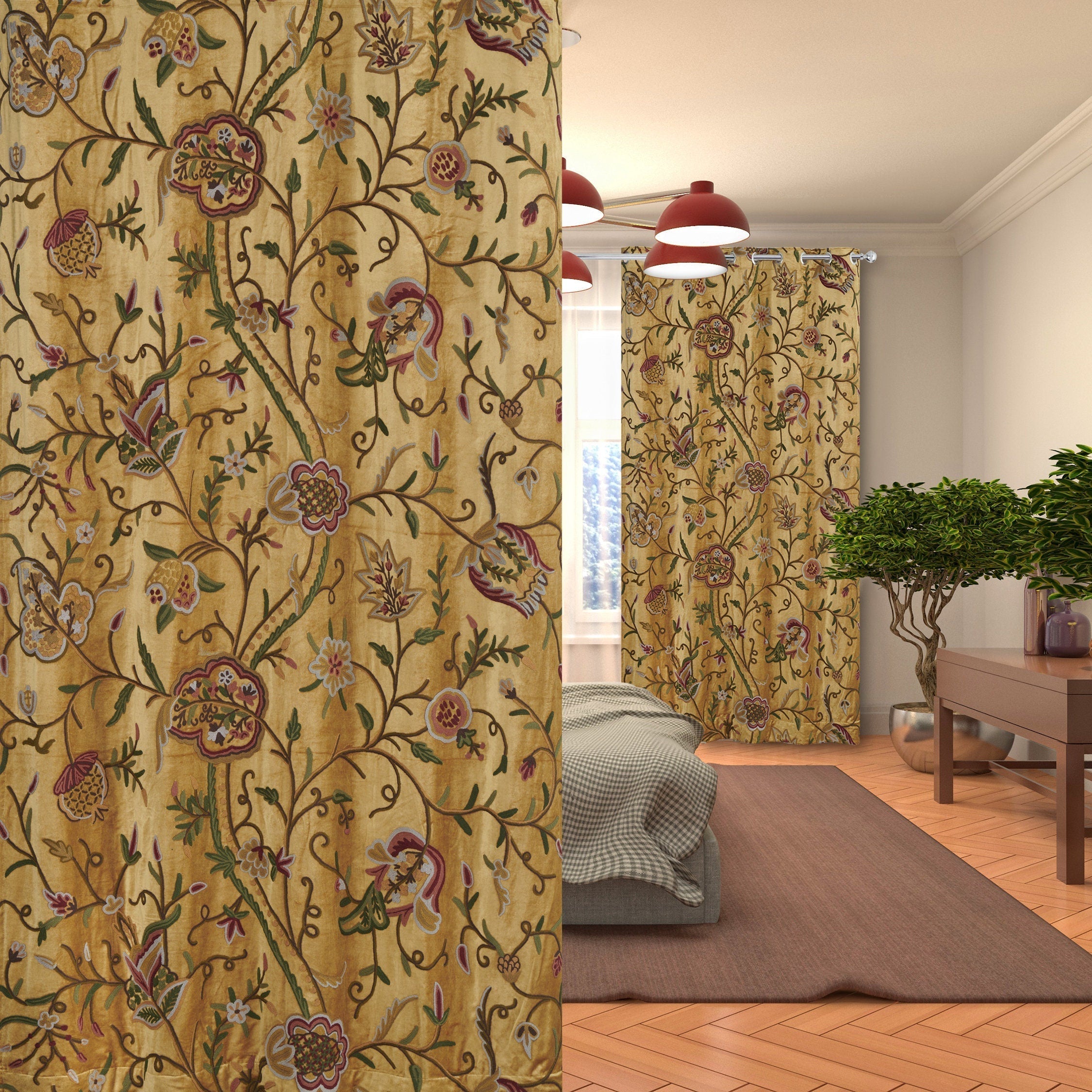 Beautiful Premium Quality Lavish Gold Hand-Made FULLY-LINED Crewel Curtain