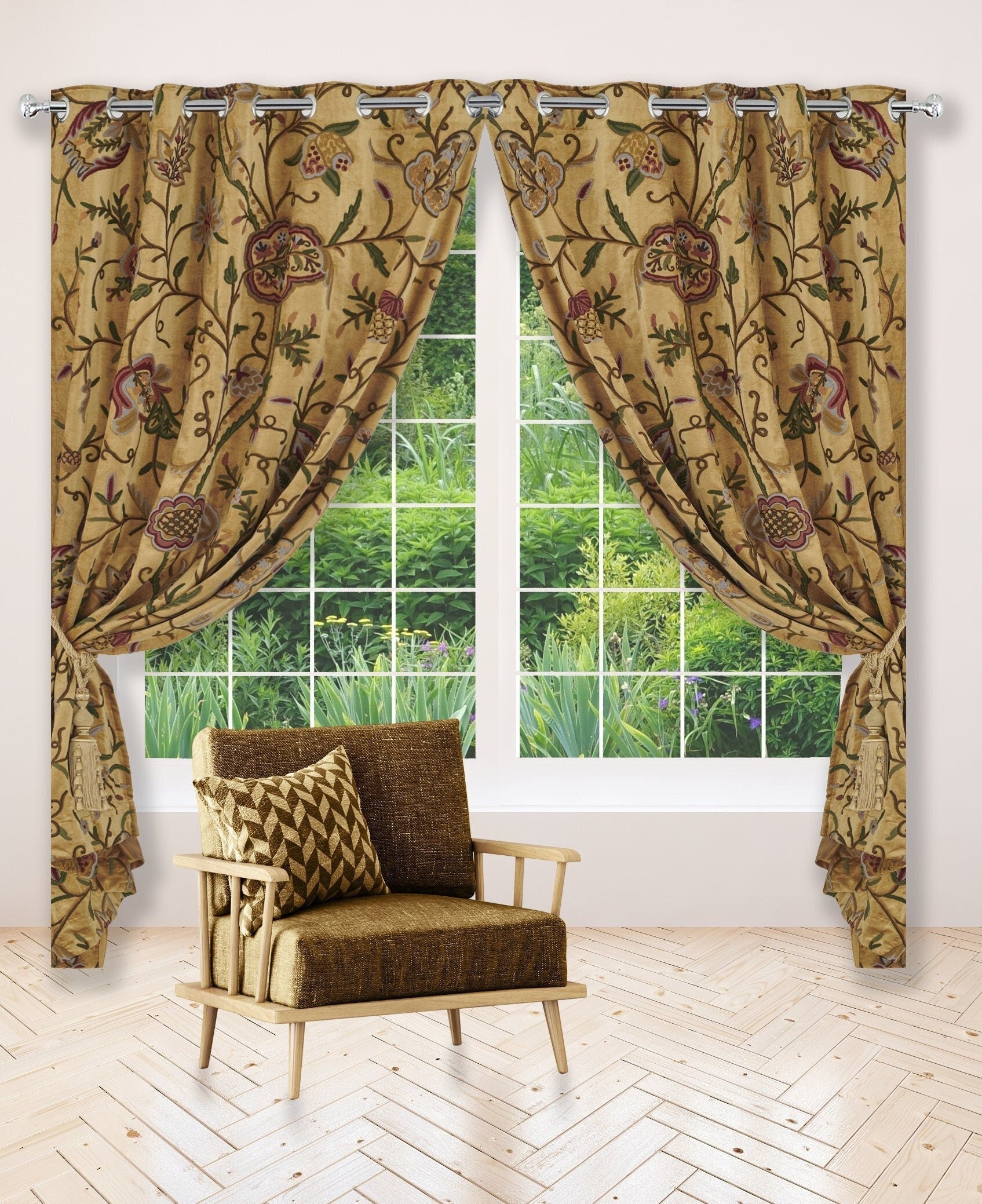 Beautiful Premium Quality Lavish Gold Hand-Made FULLY-LINED Crewel Curtain