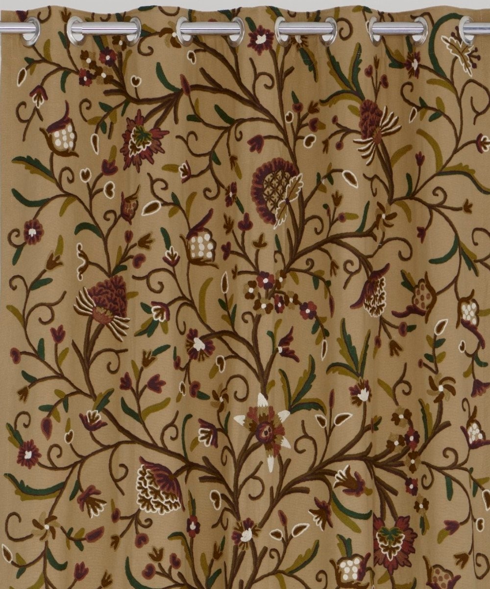 Elegant Beige Cotton Duck Hand-Embroidery FULLY-LINED Crewel Curtain