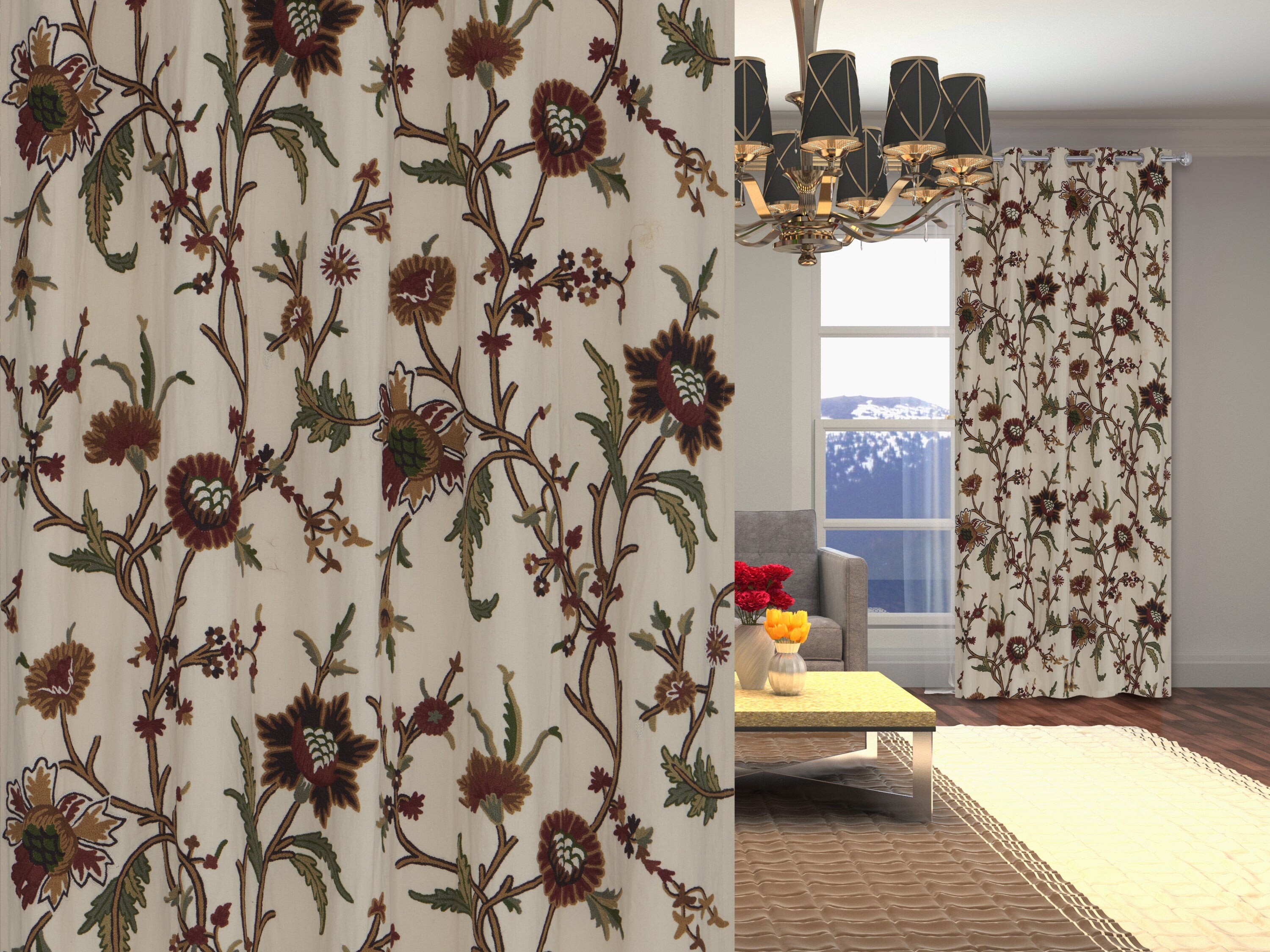 Premium Quality Elegant Cream Cotton Duck Hand-Embroidery FULLY-LINED Crewel Curtain