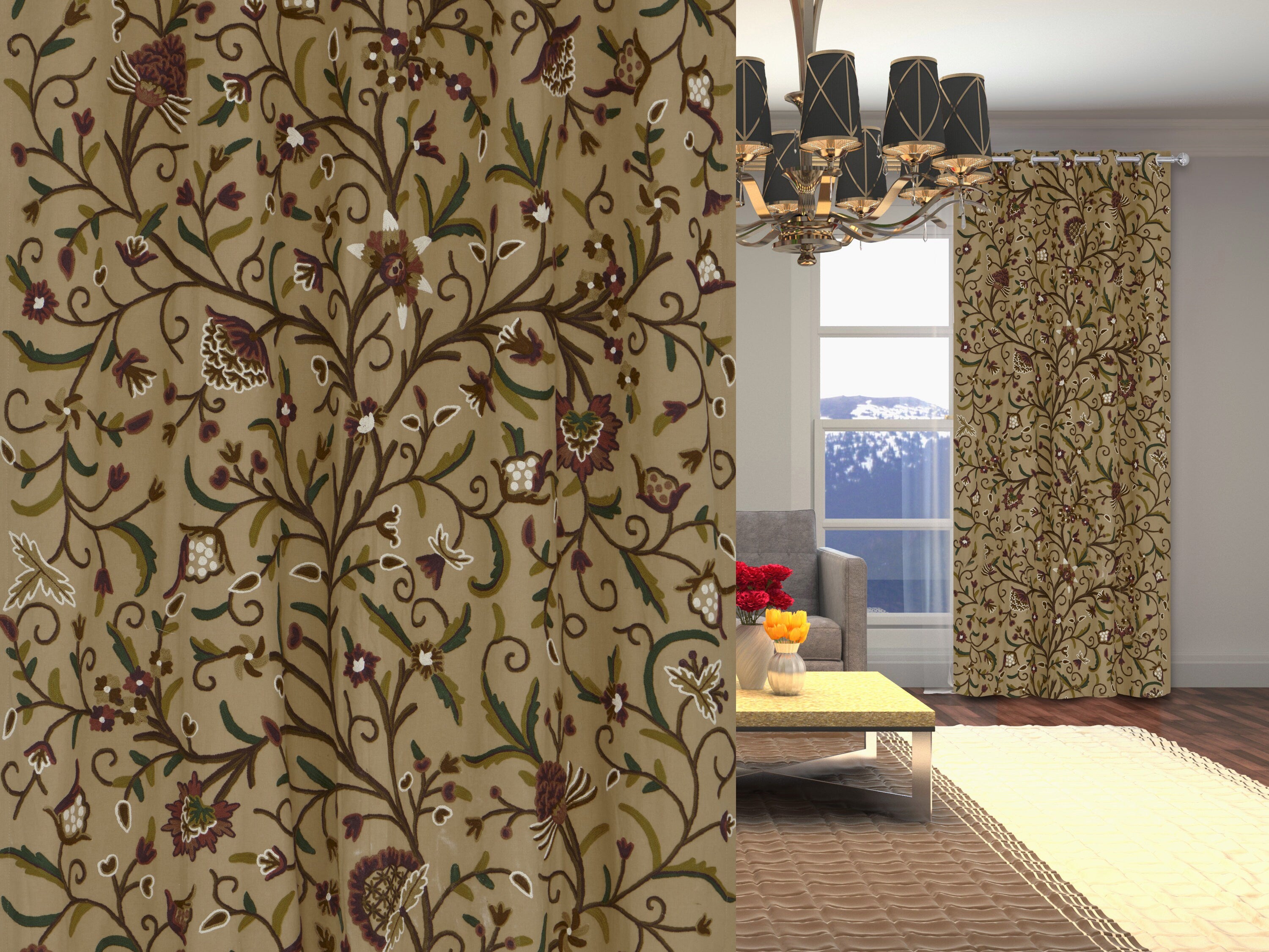 Elegant Beige Cotton Duck Hand-Embroidery FULLY-LINED Crewel Curtain
