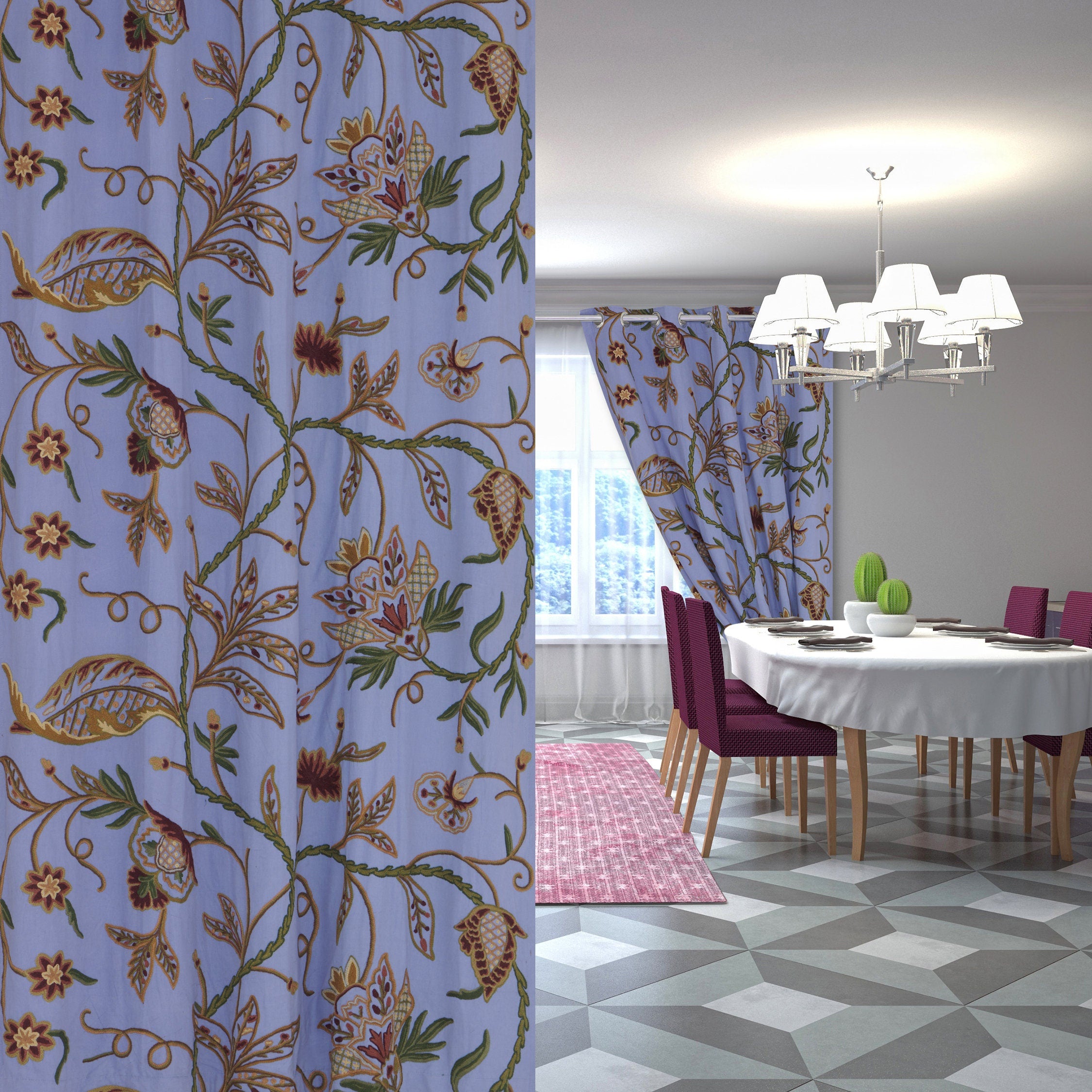 Elegant Lavish Blue Hand-Embroidery FULLY-LINED Crewel Curtain